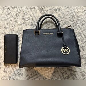 Michael Kors Black and Gold Sheila Medium Satchel and Wallet Set